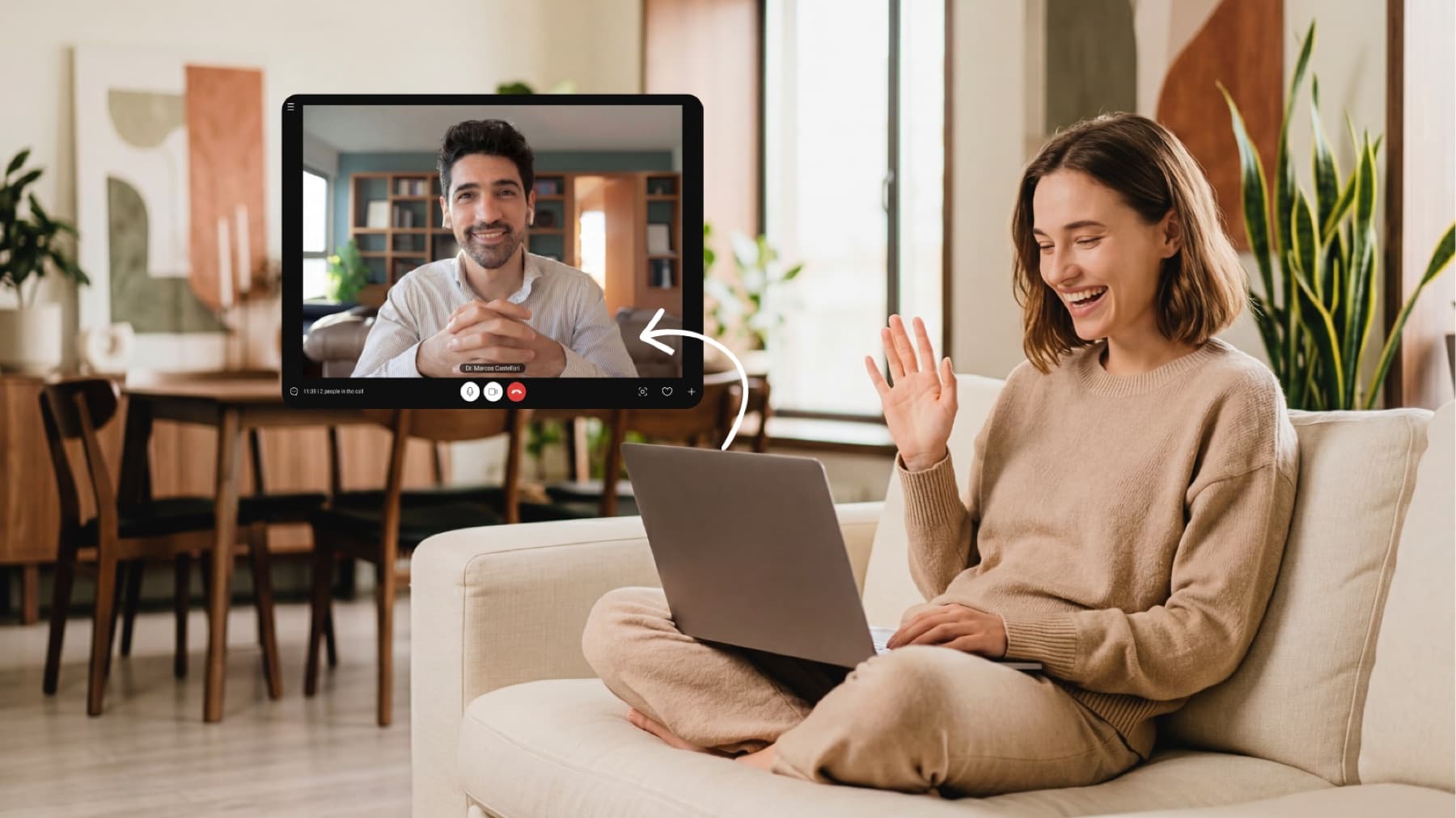 Paciente em atendimento por vídeo, em casa
